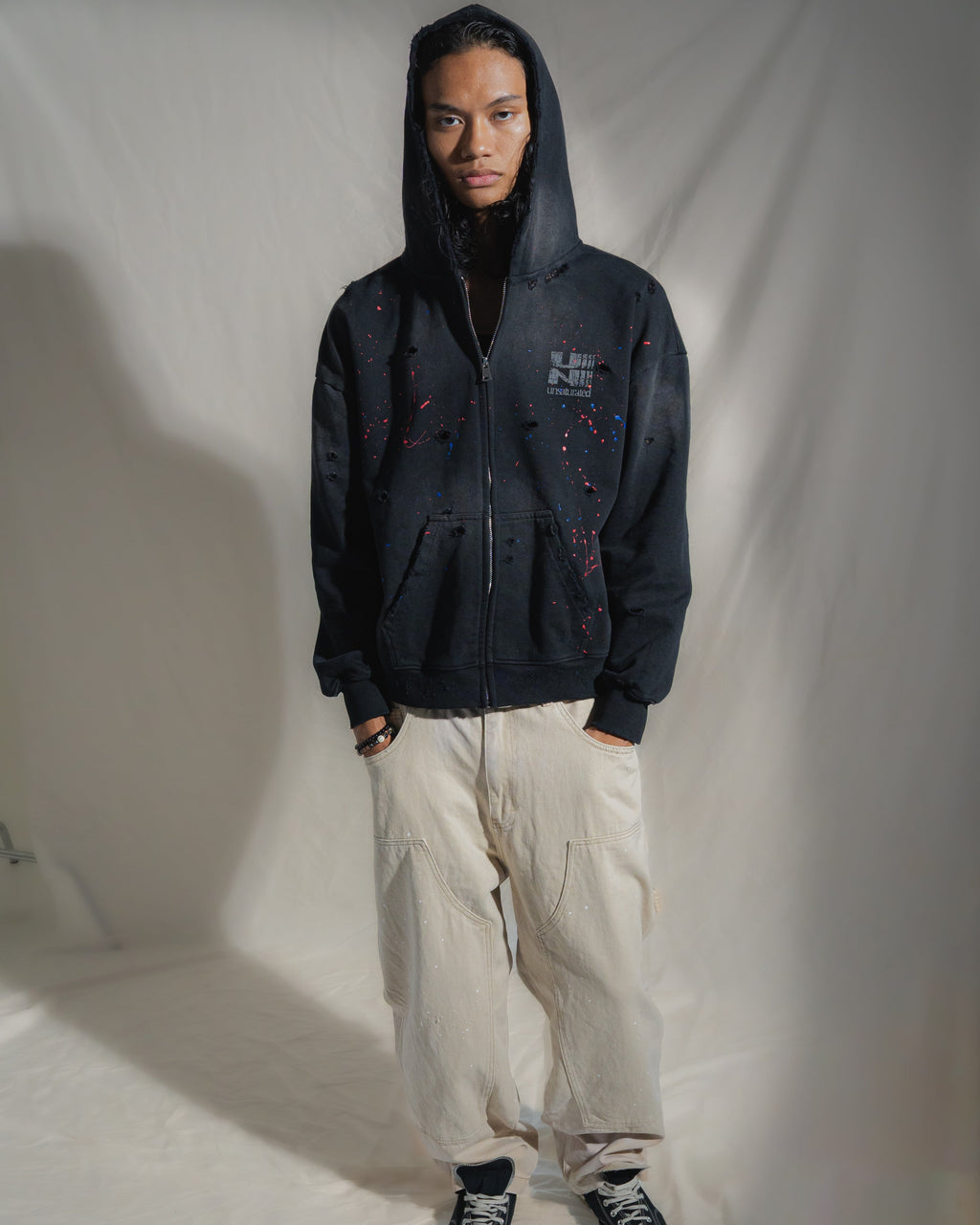 DECONSTRUCTED ZIP UP HOODIE “BLACK”